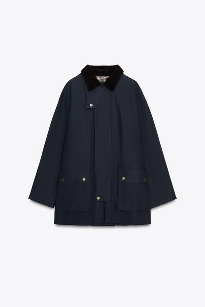 Trench Coat with Contrast Collar & Detachable Hood