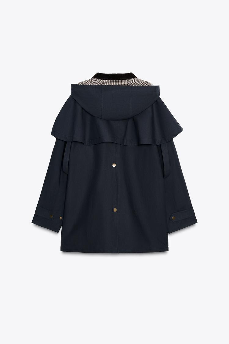 Trench Coat with Contrast Collar & Detachable Hood