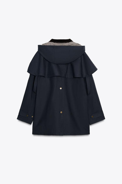 Trench Coat with Contrast Collar & Detachable Hood