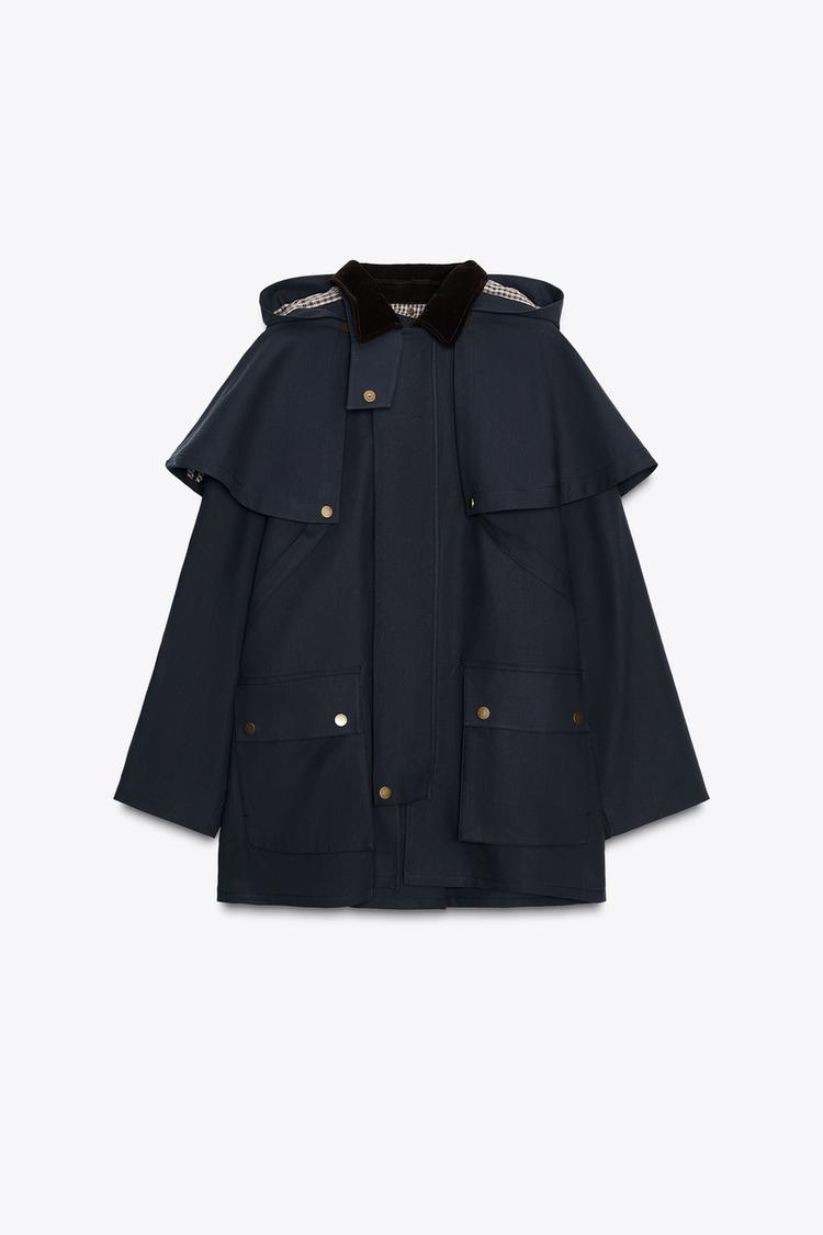 Trench Coat with Contrast Collar & Detachable Hood