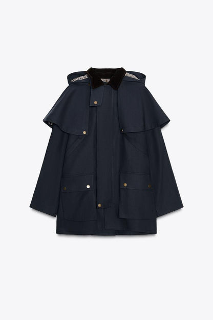 Trench Coat with Contrast Collar & Detachable Hood